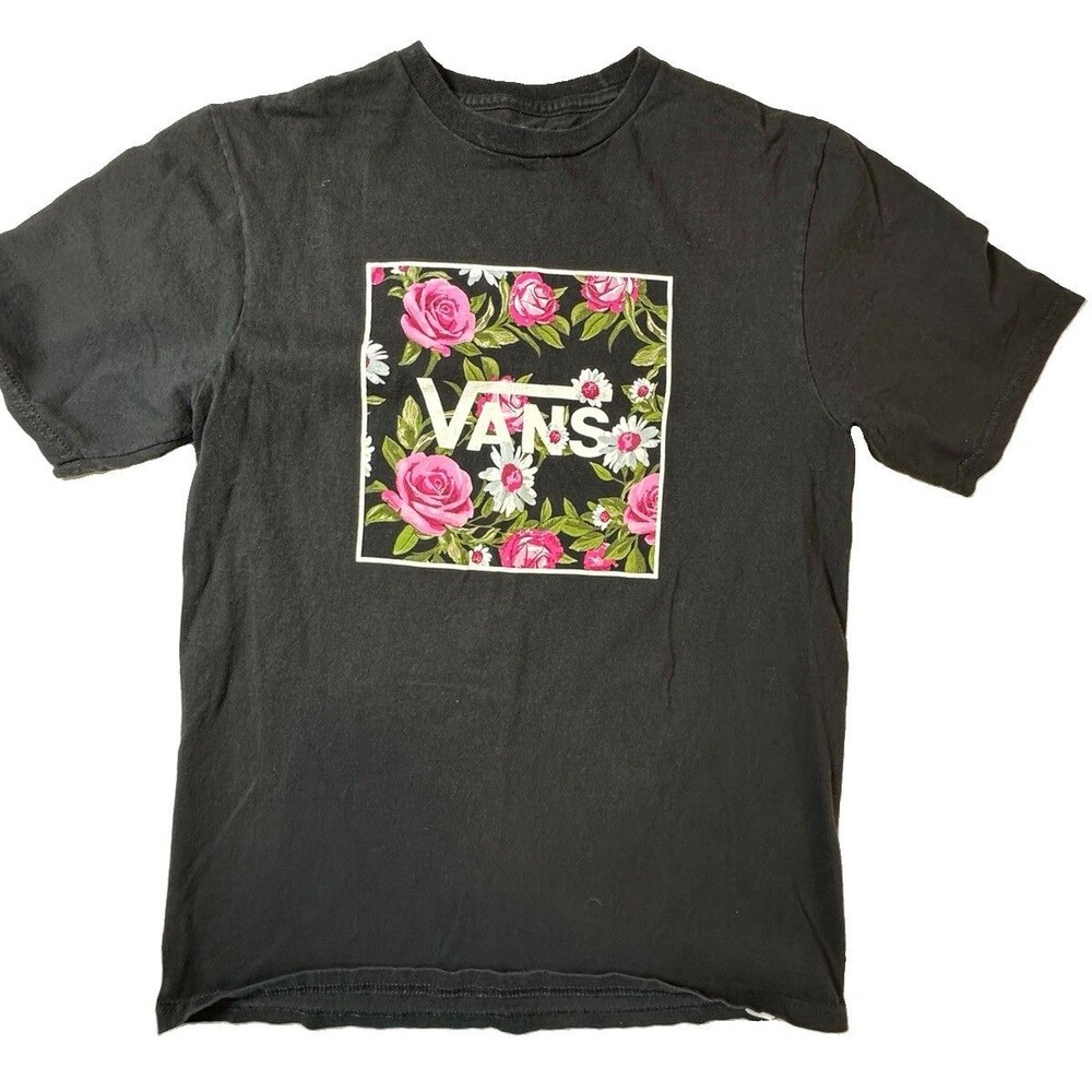 Girls Youth Vans T-shirt Black With Pink Roses And White Daisies Size Youth Xl